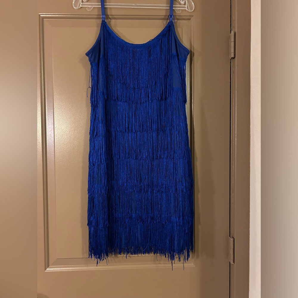 Blue Fringe Mini Dress - Spaghetti Strap Cocktail Dress - Picture 2 of 5